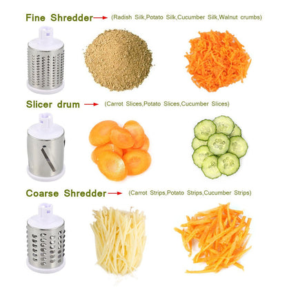 Manual Rotary Vegetable Slicer Cutter Cheese Grater Chopper with 3 Sharp Stainless Steel Drums - Trendy Crate Pk