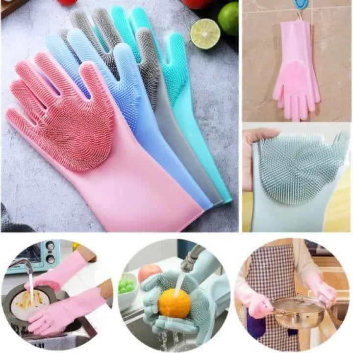 TC Reusable Silicone Magic Washing Gloves with Scrubber | Heat Resistant Pair for Kitchen, Dishes, Bathroom, Car Wash, Pet Care and More - Trendy Crate Pk