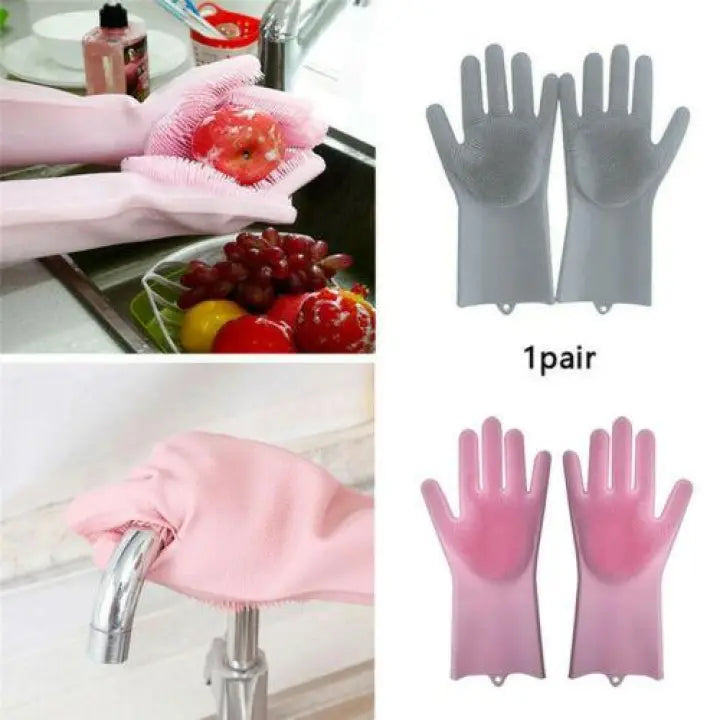 TC Reusable Silicone Magic Washing Gloves with Scrubber | Heat Resistant Pair for Kitchen, Dishes, Bathroom, Car Wash, Pet Care and More - Trendy Crate Pk