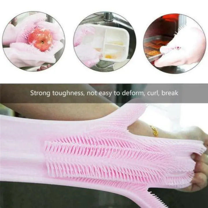 TC Reusable Silicone Magic Washing Gloves with Scrubber | Heat Resistant Pair for Kitchen, Dishes, Bathroom, Car Wash, Pet Care and More - Trendy Crate Pk