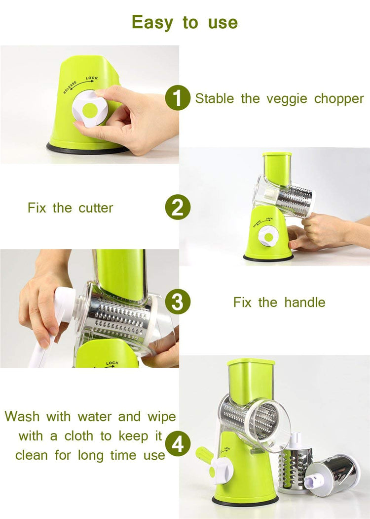 Manual Rotary Vegetable Slicer Cutter Cheese Grater Chopper with 3 Sharp Stainless Steel Drums - Trendy Crate Pk
