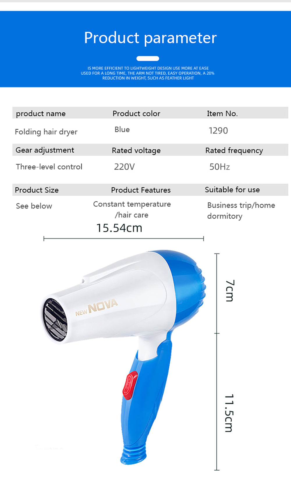 Nova Mini Hair Dryer Salon Dryer 2 Gear 220V Strong Wind Hot For Hair Dryer Professional Hairdressing Comb MIni Portable Power Hair Styler - Trendy Crate Pk