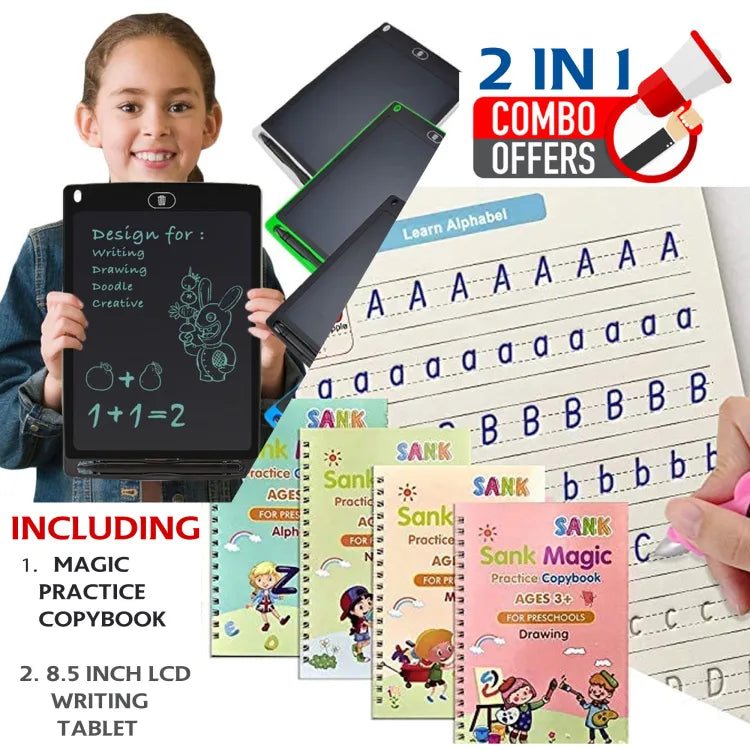 8.5 Inch LCD Writing Tablet with Reusable Magic Book 4Magic Books 1Magic Pen 10Refills 1Grip - Trendy Crate Pk