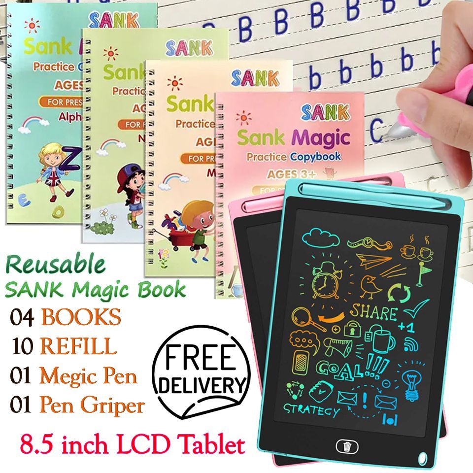 8.5 Inch LCD Writing Tablet with Reusable Magic Book 4Magic Books 1Magic Pen 10Refills 1Grip - Trendy Crate Pk