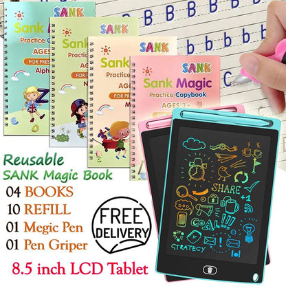 8.5 Inch LCD Writing Tablet with Reusable Magic Book 4Magic Books 1Magic Pen 10Refills 1Grip - Trendy Crate Pk