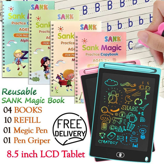 8.5 Inch LCD Writing Tablet with Reusable Magic Book 4Magic Books 1Magic Pen 10Refills 1Grip - Trendy Crate Pk