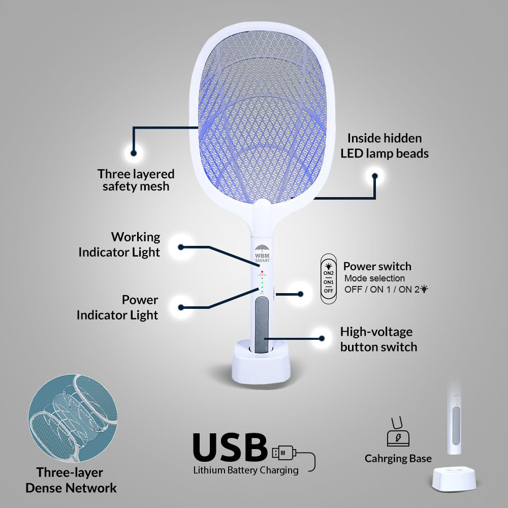 WBM Mosquito Killer Racket, 2 in 1 Rechargeable Mosquito Lamp With LED Light & Charging Stand - Trendy Crate Pk