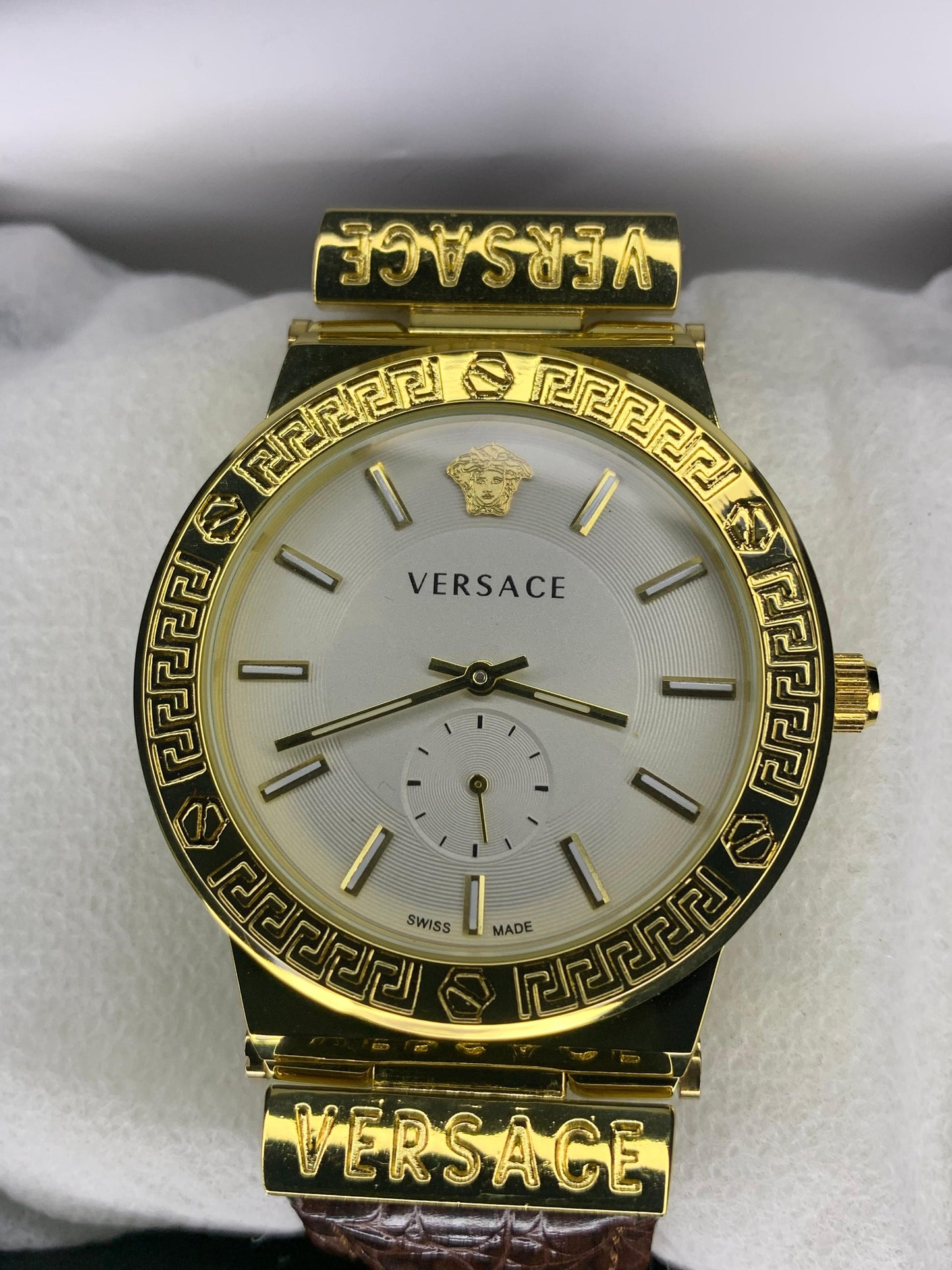VERSACE WHITE DIAL & GOLD BROWN LEATHER WATCH - Trendy Crate Pk