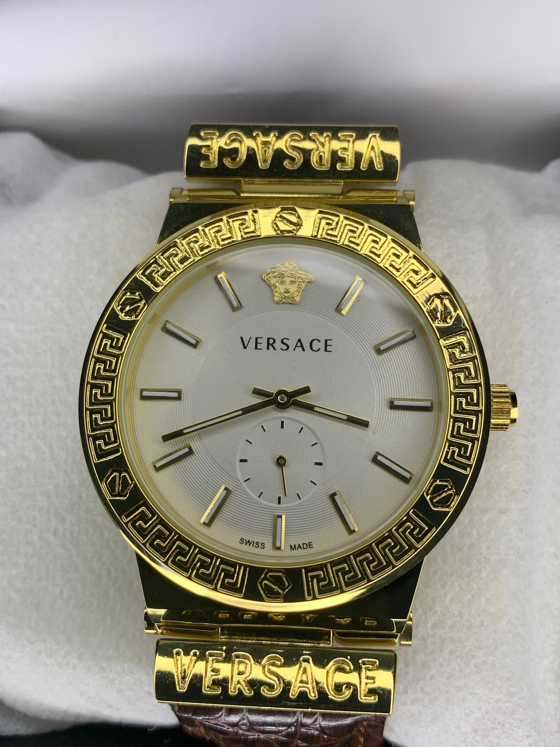 VERSACE WHITE DIAL & GOLD BROWN LEATHER WATCH - Trendy Crate Pk