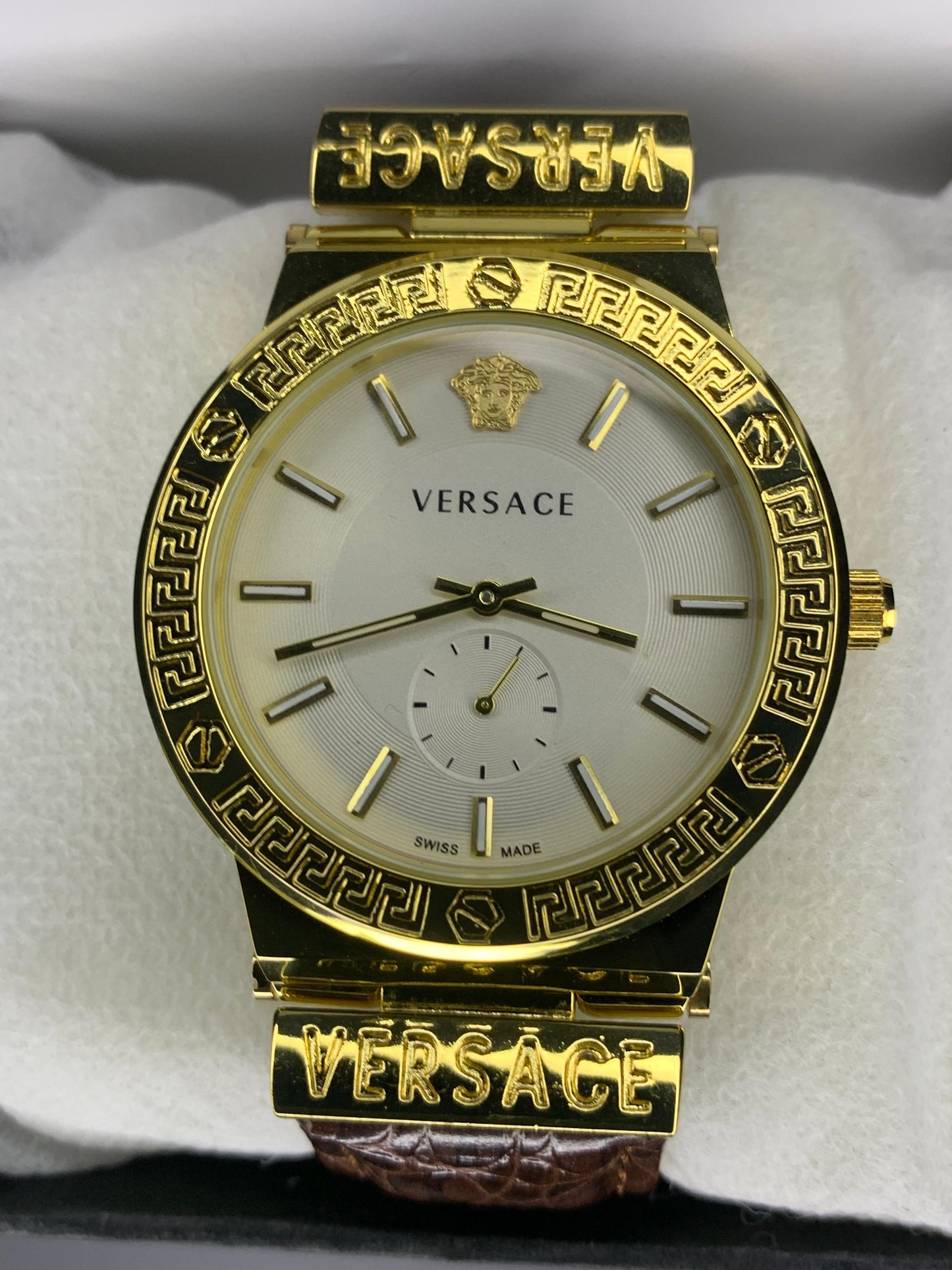 VERSACE WHITE DIAL & GOLD BROWN LEATHER WATCH - Trendy Crate Pk