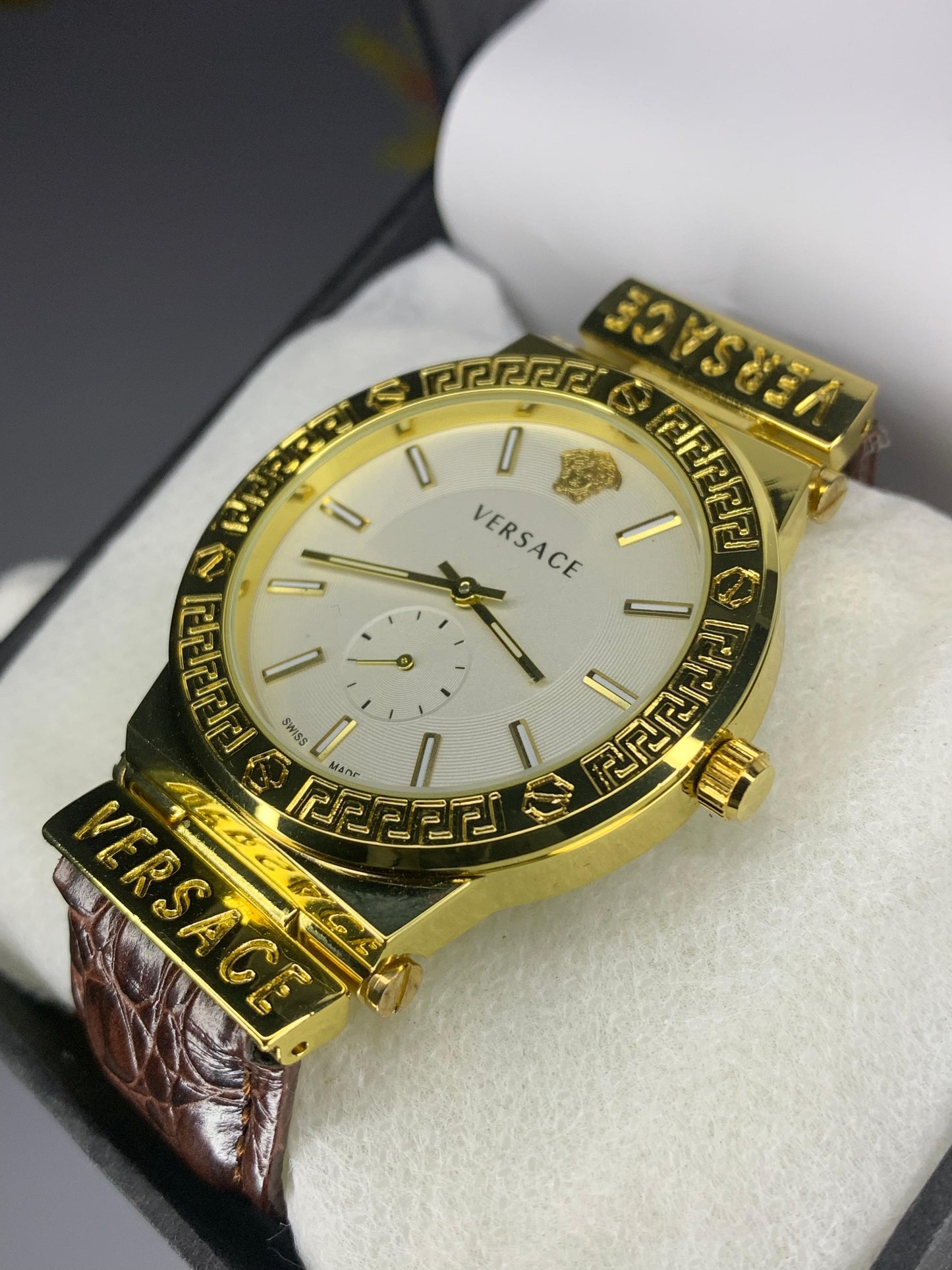 VERSACE WHITE DIAL & GOLD BROWN LEATHER WATCH - Trendy Crate Pk