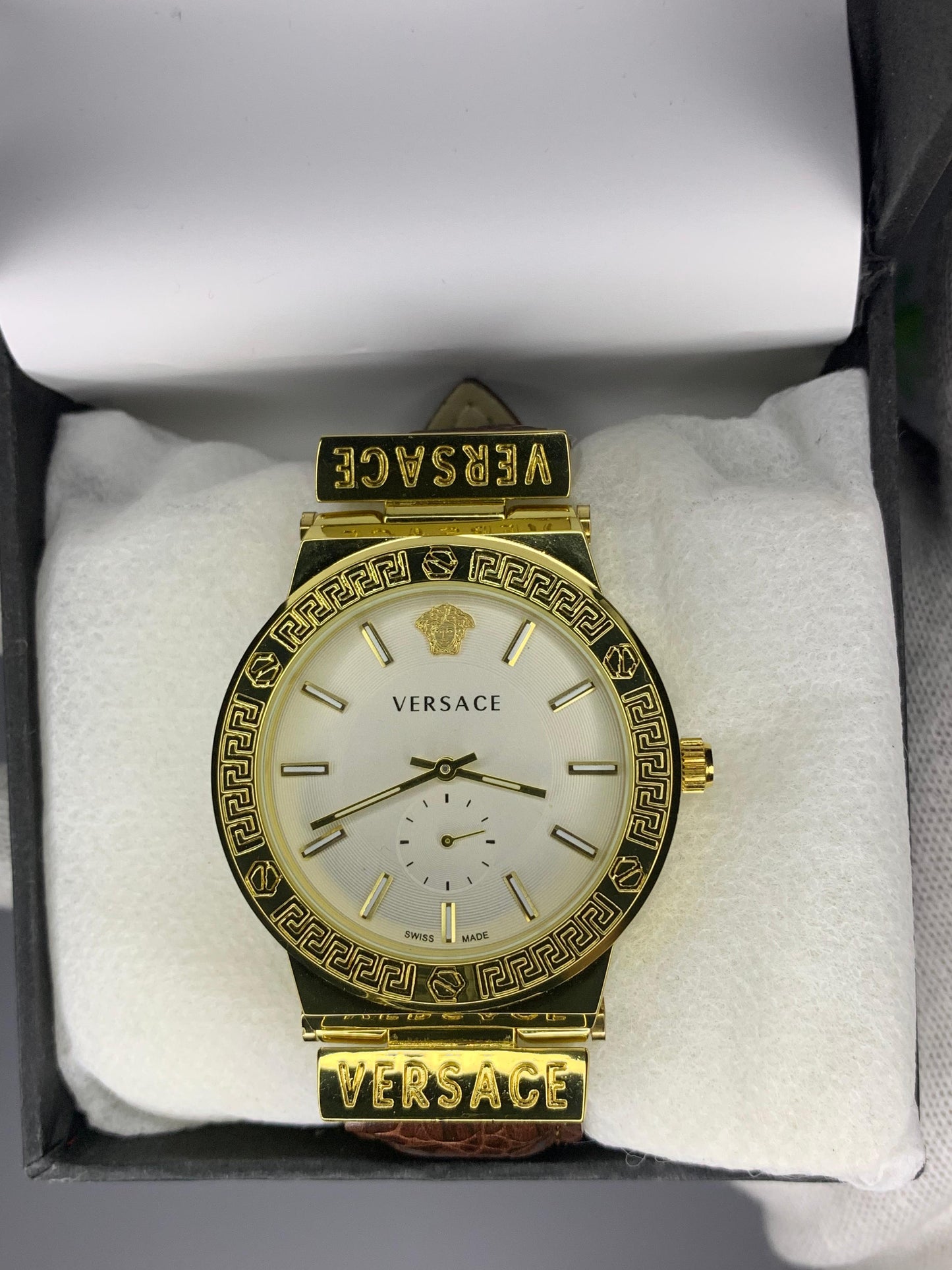 VERSACE WHITE DIAL & GOLD BROWN LEATHER WATCH - Trendy Crate Pk