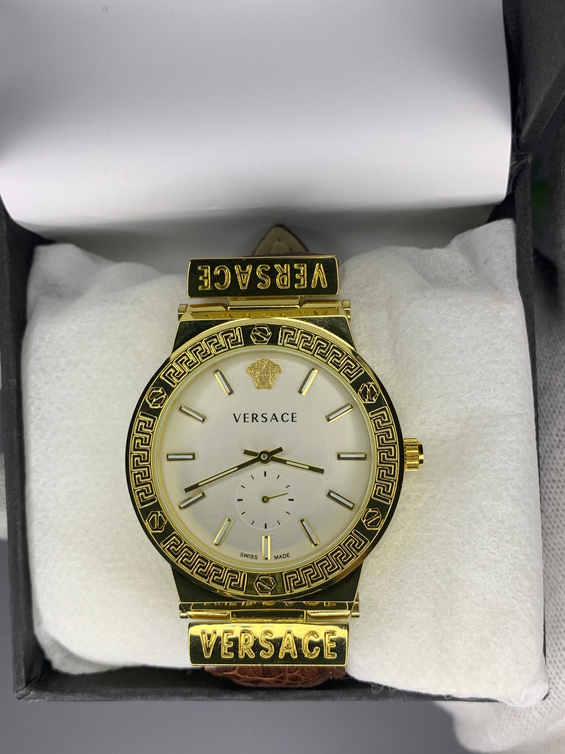 VERSACE WHITE DIAL & GOLD BROWN LEATHER WATCH - Trendy Crate Pk