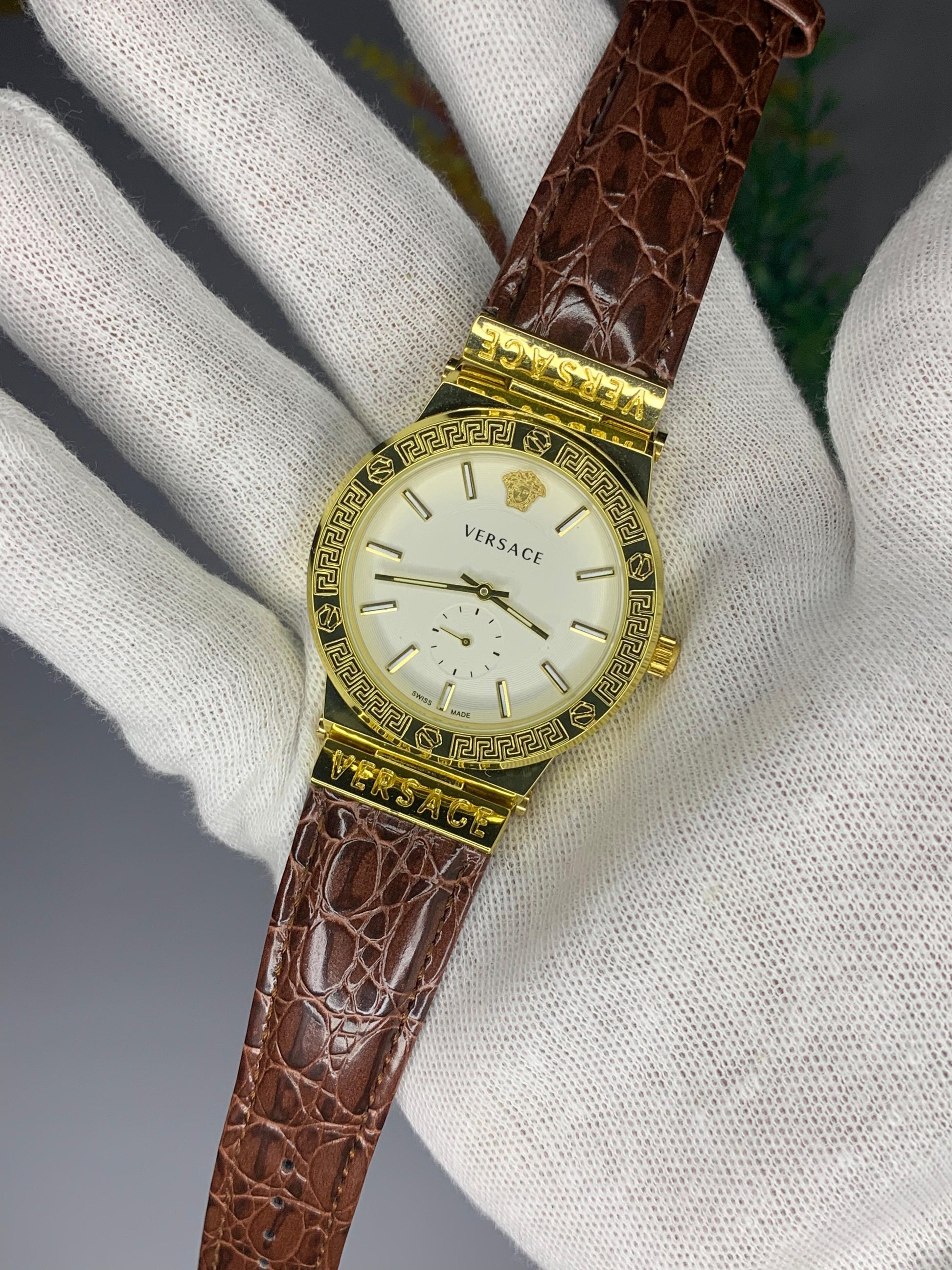 VERSACE WHITE DIAL & GOLD BROWN LEATHER WATCH - Trendy Crate Pk
