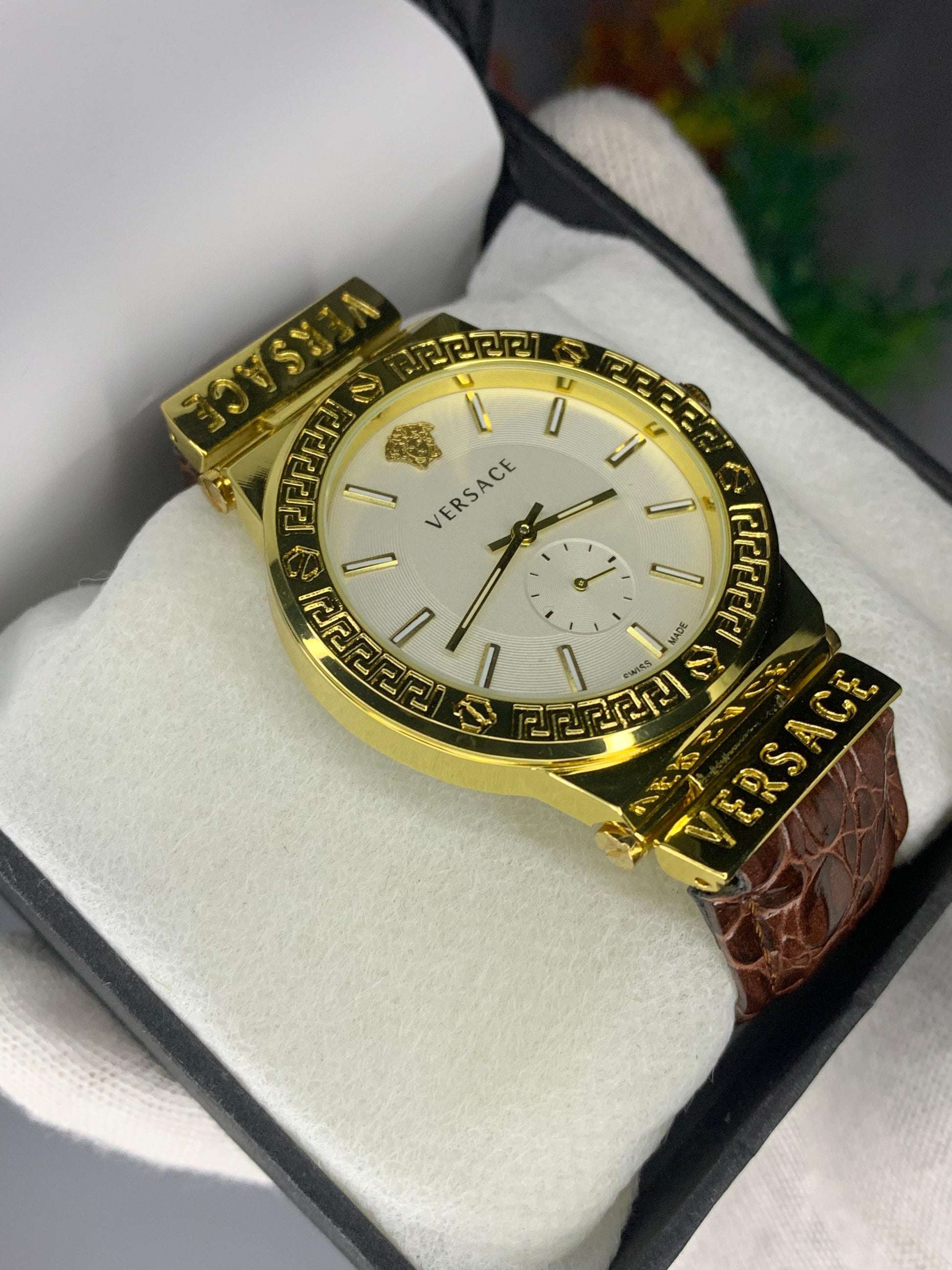 VERSACE WHITE DIAL & GOLD BROWN LEATHER WATCH - Trendy Crate Pk